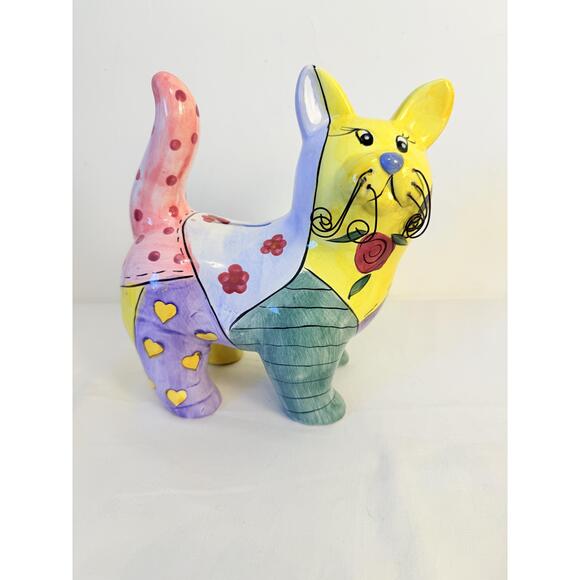 Whimsical Vibrant Colors Patchwork Cat Figurine Decorative Ceramic Bank - Picture 1 of 13